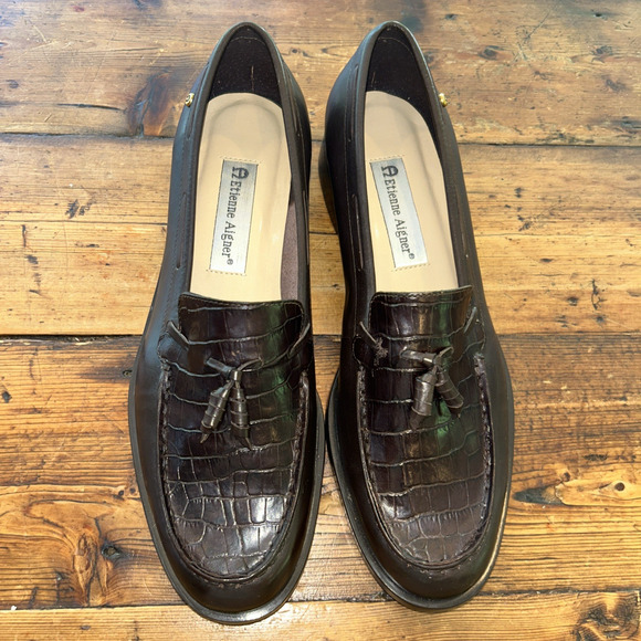 Etienne Aigner Gotham Brown Embossed Penny Loafer Womens Shoes Flats Tassel 8.5M - Picture 1 of 14